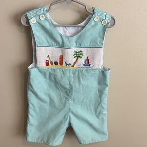 Mom & me Aqua Gingham Baby Romper smocked beach scene size 12 months